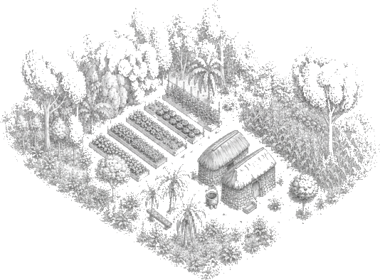 Ilustración isométrica del solar con huerto, palmeras y casitas de piedra
