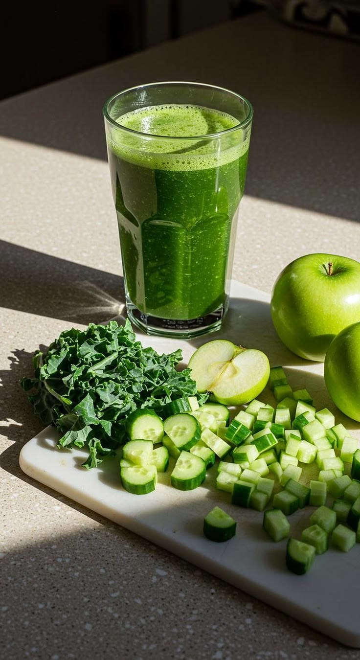 Jugo verde con kale, manzana y pepino recién cortados
