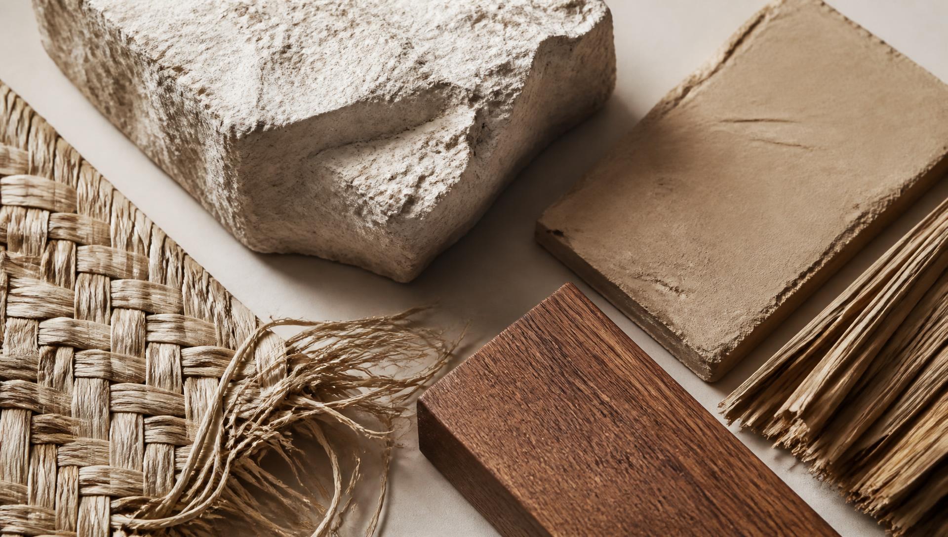 Muestras de piedra caliza, chukum, henequén, madera y palma